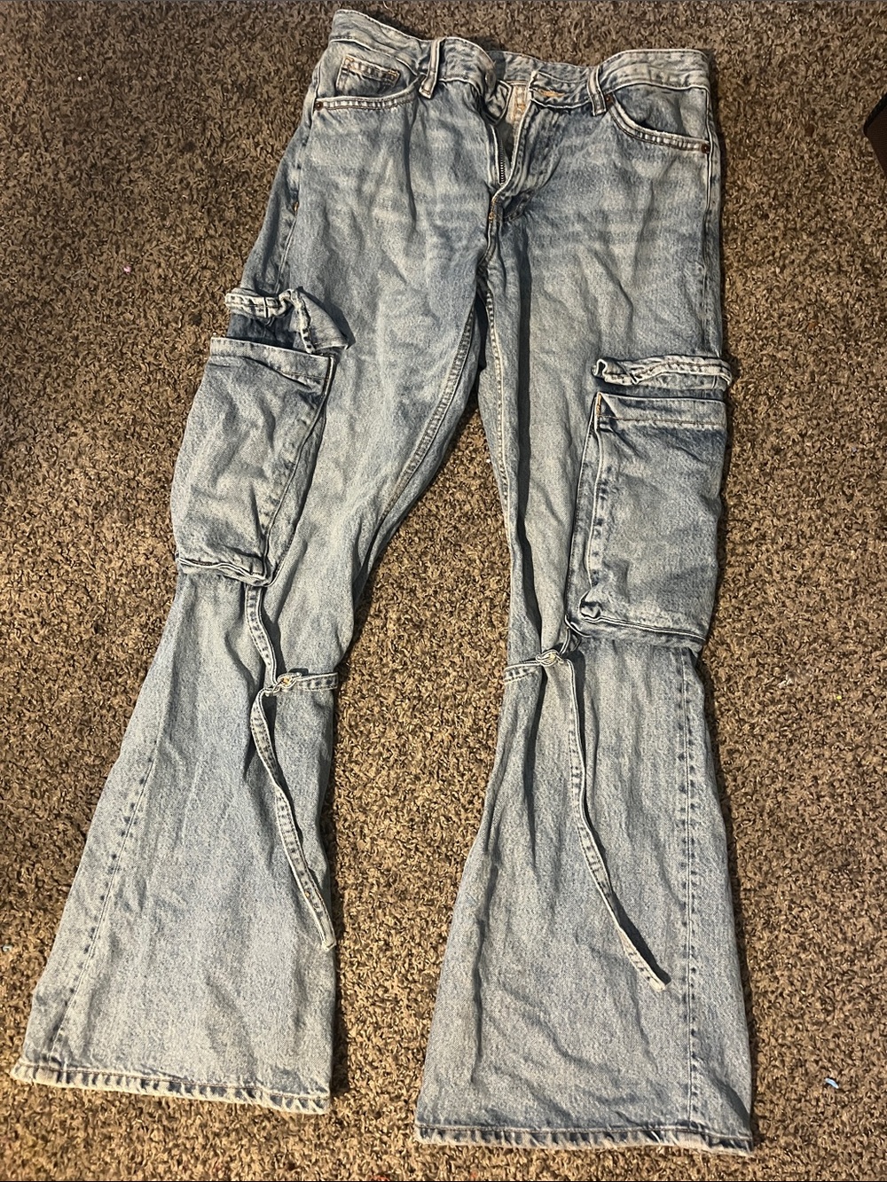 Zara Light Blue Cargo Flare Jeans with Straps
